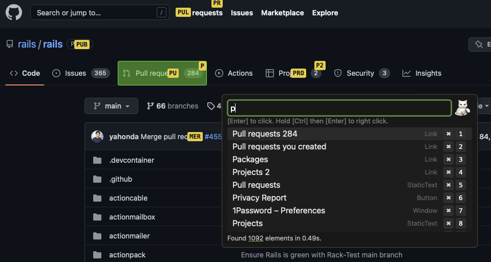Shortcat being used on the Github site to click the Pull Request tab
